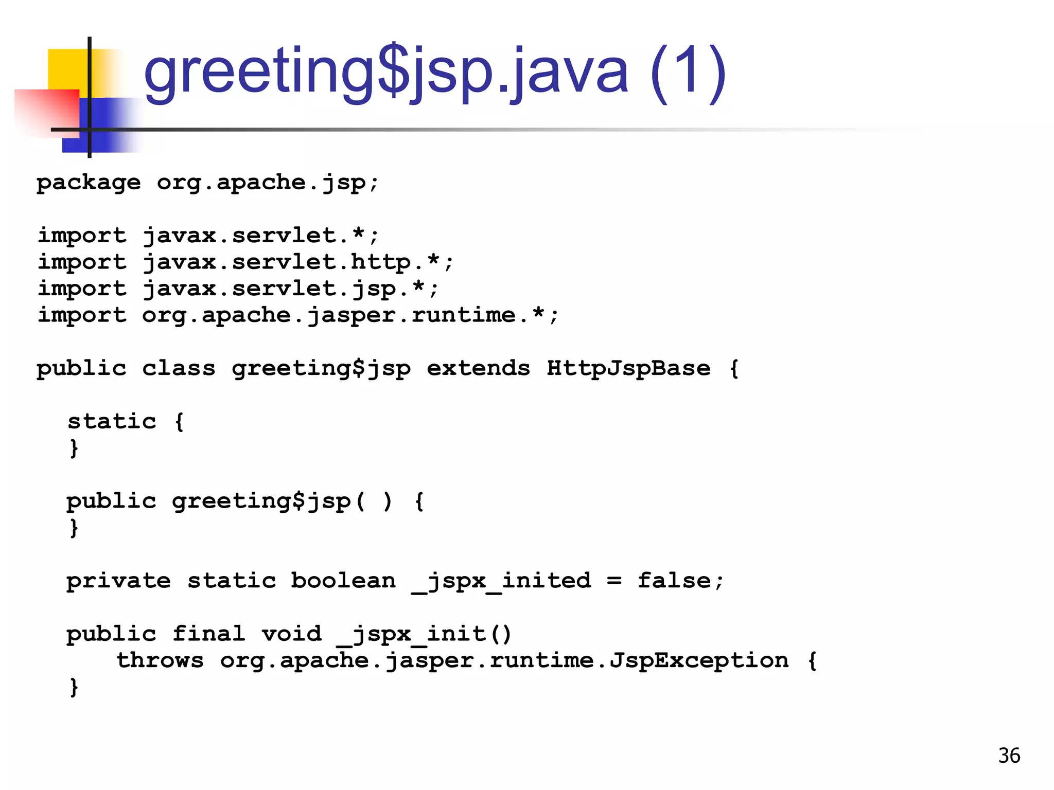 greeting$jsp.java (1)
package org.apache.jsp;
import javax.servlet.*;
import javax.servlet.http.*;
import javax.servlet.jsp.*;
import org.apache.jasper.runtime.*;
public class greeting$jsp extends HttpJspBase {
static {
}
public greeting$jsp( ) {
}
private static boolean _jspx_inited = false;
public final void _jspx_init()
throws org.apache.jasper.runtime.JspException {
}
36
 