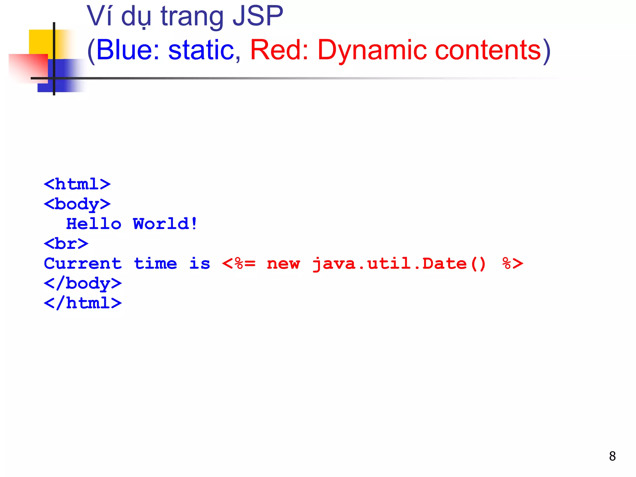 Ví dụ trang JSP
(Blue: static, Red: Dynamic contents)
<html>
<body>
Hello World!
<br>
Current time is <%= new java.util.Date() %>
</body>
</html>
8
 
