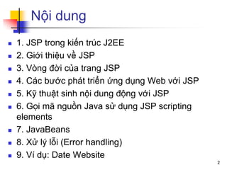 Nội dung
 1. JSP trong kiến trúc J2EE
 2. Giới thiệu về JSP
 3. Vòng đời của trang JSP
 4. Các bước phát triển ứng dụng Web với JSP
 5. Kỹ thuật sinh nội dung động với JSP
 6. Gọi mã nguồn Java sử dụng JSP scripting
elements
 7. JavaBeans
 8. Xử lý lỗi (Error handling)
 9. Ví dụ: Date Website
2
 