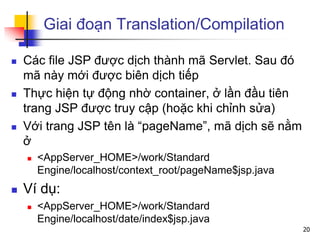 Giai đoạn Translation/Compilation
 Các file JSP được dịch thành mã Servlet. Sau đó
mã này mới được biên dịch tiếp
 Thực hiện tự động nhờ container, ở lần đầu tiên
trang JSP được truy cập (hoặc khi chỉnh sửa)
 Với trang JSP tên là “pageName”, mã dịch sẽ nằm
ở
 <AppServer_HOME>/work/Standard
Engine/localhost/context_root/pageName$jsp.java
 Ví dụ:
 <AppServer_HOME>/work/Standard
Engine/localhost/date/index$jsp.java
20
 