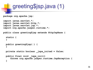 greeting$jsp.java (1)
package org.apache.jsp;
import javax.servlet.*;
import javax.servlet.http.*;
import javax.servlet.jsp.*;
import org.apache.jasper.runtime.*;
public class greeting$jsp extends HttpJspBase {
static {
}
public greeting$jsp( ) {
}
private static boolean _jspx_inited = false;
public final void _jspx_init()
throws org.apache.jasper.runtime.JspException {
}
36
 