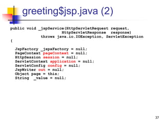 greeting$jsp.java (2)
public void _jspService(HttpServletRequest request,
HttpServletResponse response)
throws java.io.IOException, ServletException
{
JspFactory _jspxFactory = null;
PageContext pageContext = null;
HttpSession session = null;
ServletContext application = null;
ServletConfig config = null;
JspWriter out = null;
Object page = this;
String _value = null;
37
 