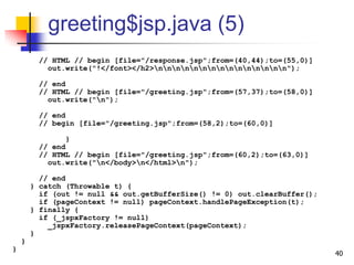 greeting$jsp.java (5)
// HTML // begin [file="/response.jsp";from=(40,44);to=(55,0)]
out.write("!</font></h2>nnnnnnnnnnnnnnn");
// end
// HTML // begin [file="/greeting.jsp";from=(57,37);to=(58,0)]
out.write("n");
// end
// begin [file="/greeting.jsp";from=(58,2);to=(60,0)]
}
// end
// HTML // begin [file="/greeting.jsp";from=(60,2);to=(63,0)]
out.write("n</body>n</html>n");
// end
} catch (Throwable t) {
if (out != null && out.getBufferSize() != 0) out.clearBuffer();
if (pageContext != null) pageContext.handlePageException(t);
} finally {
if (_jspxFactory != null)
_jspxFactory.releasePageContext(pageContext);
}
}
}
40
 
