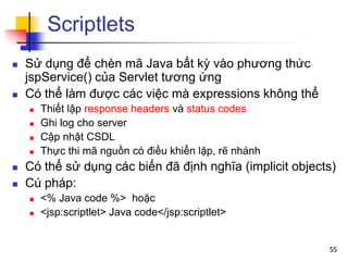 Scriptlets
 Sử dụng để chèn mã Java bất kỳ vào phương thức
jspService() của Servlet tương ứng
 Có thể làm được các việc mà expressions không thể
 Thiết lập response headers và status codes
 Ghi log cho server
 Cập nhật CSDL
 Thực thi mã nguồn có điều khiển lặp, rẽ nhánh
 Có thể sử dụng các biến đã định nghĩa (implicit objects)
 Cú pháp:
 <% Java code %> hoặc
 <jsp:scriptlet> Java code</jsp:scriptlet>
55
 