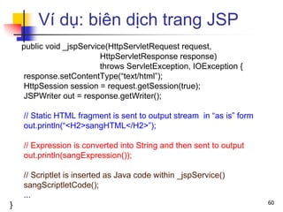 Ví dụ: biên dịch trang JSP
public void _jspService(HttpServletRequest request,
HttpServletResponse response)
throws ServletException, IOException {
response.setContentType(“text/html”);
HttpSession session = request.getSession(true);
JSPWriter out = response.getWriter();
// Static HTML fragment is sent to output stream in “as is” form
out.println(“<H2>sangHTML</H2>”);
// Expression is converted into String and then sent to output
out.println(sangExpression());
// Scriptlet is inserted as Java code within _jspService()
sangScriptletCode();
...
} 60
 