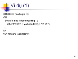 Ví dụ (1)
<H1>Some heading</H1>
<%!
private String randomHeading() {
return(“<H2>” + Math.random() + “</H2>”);
}
%>
<%= randomHeading() %>
62
 