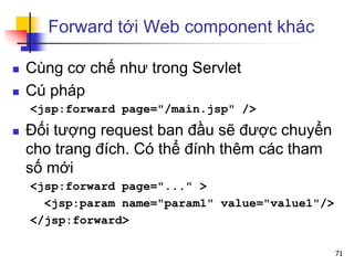Forward tới Web component khác
 Cùng cơ chế như trong Servlet
 Cú pháp
<jsp:forward page="/main.jsp" />
 Đối tượng request ban đầu sẽ được chuyển
cho trang đích. Có thể đính thêm các tham
số mới
<jsp:forward page="..." >
<jsp:param name="param1" value="value1"/>
</jsp:forward>
71
 