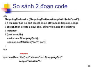 So sánh 2 đoạn code
<%
ShoppingCart cart = (ShoppingCart)session.getAttribute("cart");
// If the user has no cart object as an attribute in Session scope
// object, then create a new one. Otherwise, use the existing
// instance.
if (cart == null) {
cart = new ShoppingCart();
session.setAttribute("cart", cart);
}
%>
versus
<jsp:useBean id="cart" class="cart.ShoppingCart"
scope="session"/>
88
 