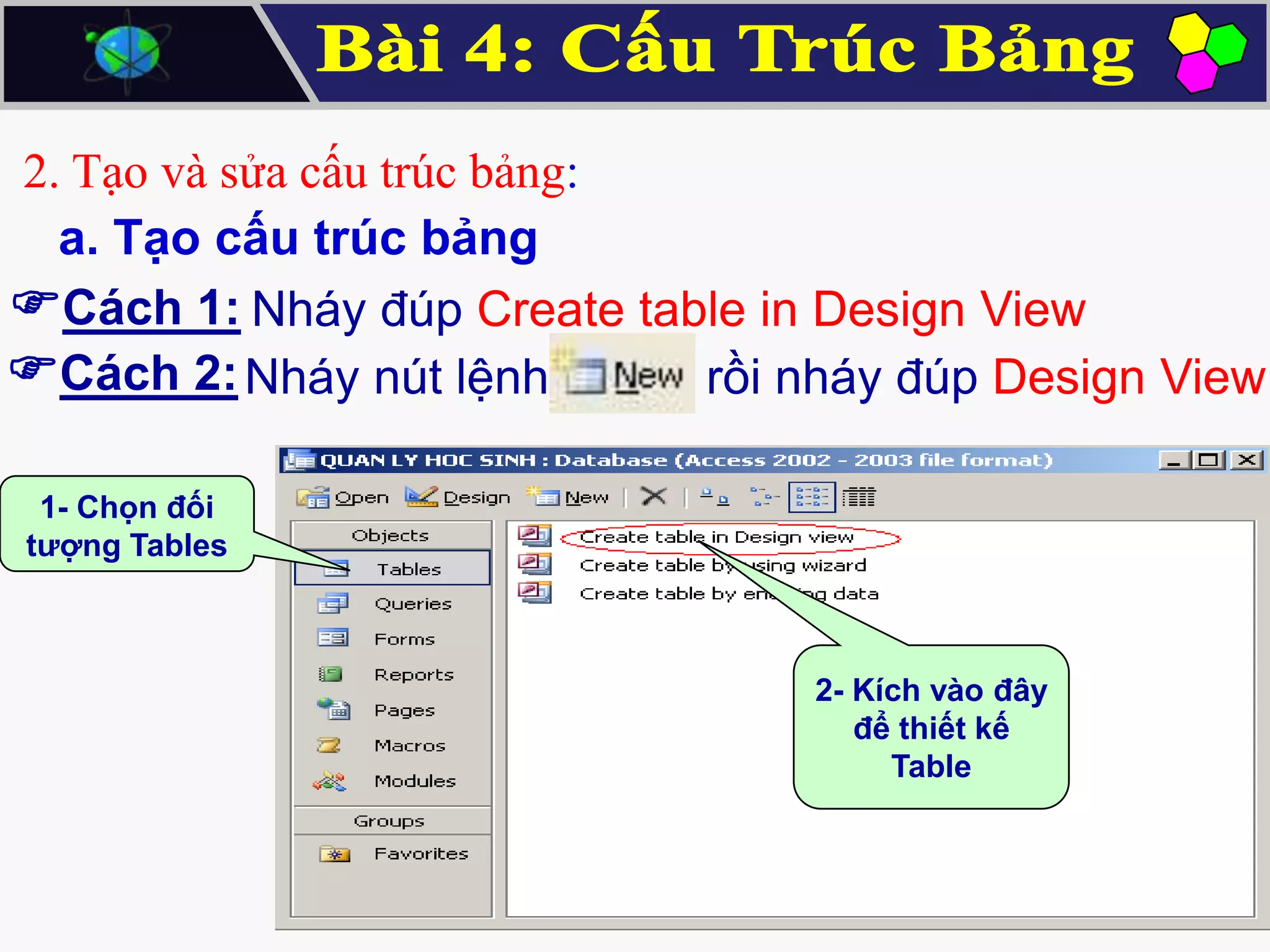 2. Tạo và sửa cấu trúc bảng:
a. Tạo cấu trúc bảng
Cách 1: Nháy đúp Create table in Design View
Cách 2: Nháy nút lệnh
rồi nháy đúp Design View
1- Chọn đối
tượng Tables

2- Kích vào đây
để thiết kế
Table

 