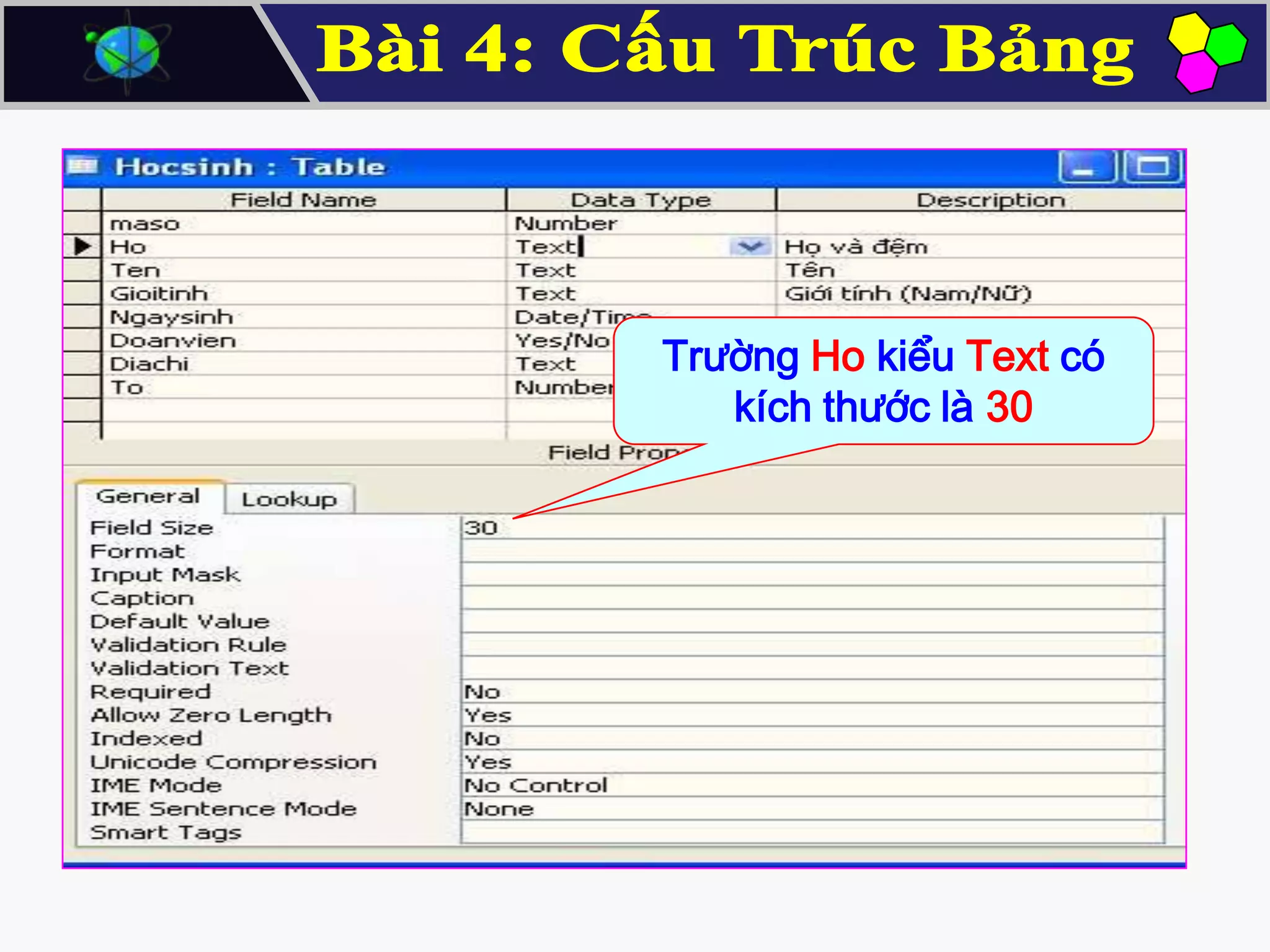 Trường Ho kiểu Text có
kích thước là 30

 