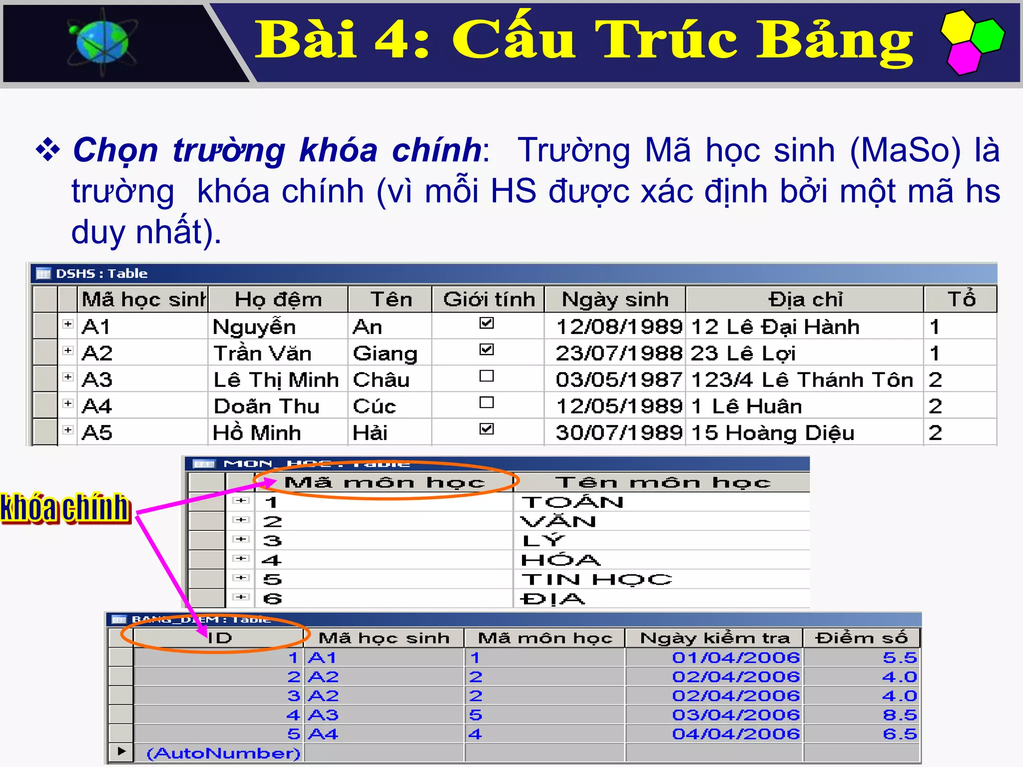  Chọn trường khóa chính: Trường Mã học sinh (MaSo) là
trường khóa chính (vì mỗi HS được xác định bởi một mã hs
duy nhất).

 