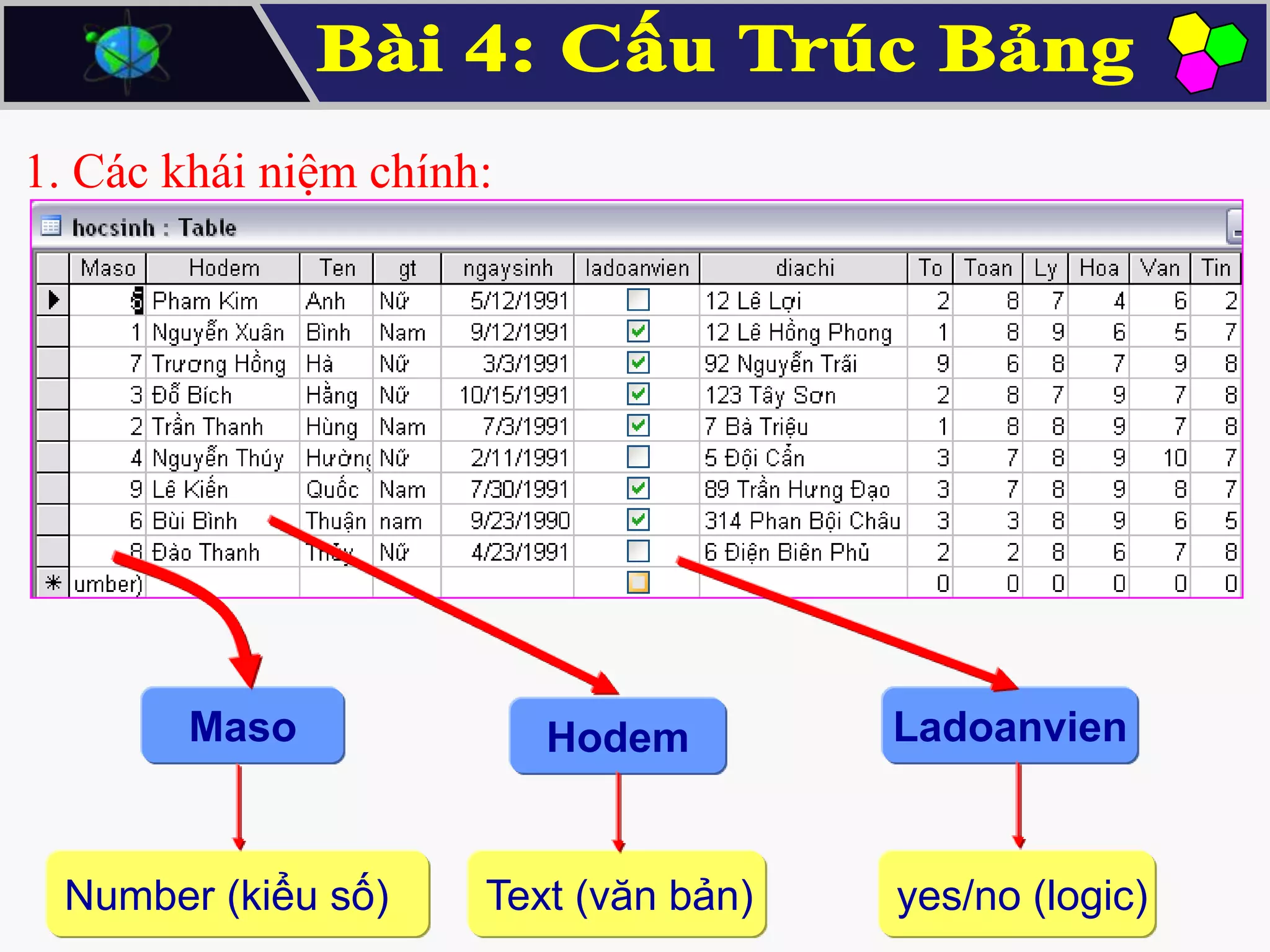 1. Các khái niệm chính:

Maso

Number (kiểu số)

Hodem

Ladoanvien

Text (văn bản)

yes/no (logic)

 