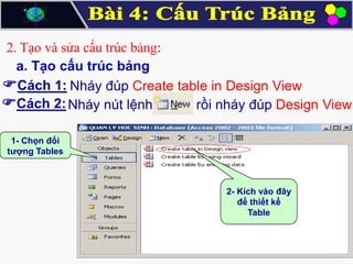 2. Tạo và sửa cấu trúc bảng:
a. Tạo cấu trúc bảng
Cách 1: Nháy đúp Create table in Design View
Cách 2: Nháy nút lệnh
rồi nháy đúp Design View
1- Chọn đối
tượng Tables

2- Kích vào đây
để thiết kế
Table

 