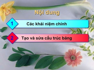 Nội dung
1

Các khái niệm chính

2

Tạo và sửa cấu trúc bảng

 