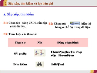 2. Sắp xếp, tìm kiếm và lọc bản ghi


a. Sắp xếp, tìm kiếm

B1: Chọn tên bảng CSDL cần cập B2: Chọn nút             hiển thị
     nhật dữ liệu.                  bảng ở chế độ trang dữ liệu.

B3: Thực hiện các thao tác

        Thao t¸c             Nót       B¶ng chän lÖnh


                                   Chän b¶n ghi cÇn s¾ p
        S¾ p xÕp
                                   xÕp Record Sort


       T×m kiÕm                    Edit
                                       Find
 
