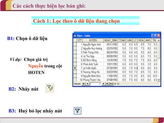 Các cách thực hiện lọc bản ghi:

           Cách 1: Lọc theo ô dữ liệu đang chọn


B1: Chọn ô dữ liệu



 Ví dụ: Chọn giá trị
         Nguyễn trong cột
         HOTEN


B2: Nháy nút



B3: Huỷ bỏ lọc nháy nút
 