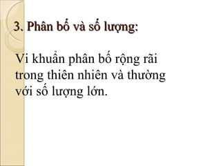 3. Phân bố và số lượng: Vi khuẩn phân bố rộng rãi  trong thiên nhiên và thường  với số lượng lớn. 