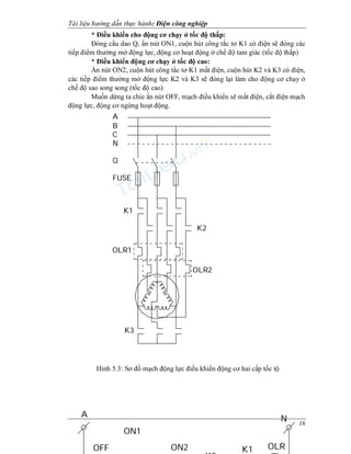 Tài li u h ng d n th c hành: i n công nghi p
16
* i u khi n cho ng c ch y t c th p:
óng c u dao Q, n nút ON1, cu n hút công t c t K1 có i n s óng các
ti p i m th ng m ng l c, ng c ho t ng ch tam giác (t c th p)
* i u khi n ng c ch y t c cao:
n nút ON2, cu n hút công t c t K1 m t i n, cu n hút K2 và K3 có i n,
các ti p i m th ng m ng l c K2 và K3 s óng l i làm cho ng c ch y
ch sao song song (t c cao)
Mu n d ng ta chie n nút OFF, m ch i u khi n s m t i n, c t i n m ch
ng l c, ng c ng ng ho t ng.
NA
ON2OFF
ON1
K1 OLR
Hình 5.3: S m ch ng l c i u khi n ng c hai c p t c t
K3
K1
K2
OLR2
OLR1
FUSE
Q
A
B
C
N
 