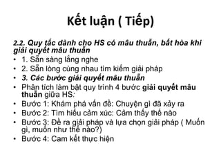 Kết luận ( Tiếp)2.2. Quy tắc dành cho HS có mâu thuẫn, bất hòa khi giải quyết mâu thuẫn1. Sẵn sàng lắng nghe2. Sẵn lòng cùng nhau tìm kiếm giải pháp3. Các bước giải quyết mâu thuẫnPhân tích làm bật quy trình 4 bước giải quyết mâu thuẫn giữa HS:Bước 1: Khám phá vấn đề: Chuyện gì đã xảy raBước 2: Tìm hiểu cảm xúc: Cảm thấy thế nàoBước 3: Đề ra giải pháp và lựa chọn giải pháp ( Muốn gì, muốn như thế nào?)Bước 4: Cam kết thực hiện