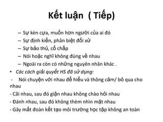 Kếtluận ( Tiếp)Sựkèncựa, muốnhơnngườicủaaiđóSựđịnhkiến, phânbiệtđốixửSự bảo thủ, cố chấpNói hoặc nghĩ không đúng về nhauNgoài ra còn có những nguyên nhân khác .Các cách giải quyết HS đã sử dụng: -     Nói chuyện với nhau để hiểu và thông cảm/ bỏ qua cho nhau- Cãi nhau, sau đó giận nhau không chào hỏi nhau- Đánh nhau, sau đó không thèm nhìn mặt nhau - Gây mất đoàn kết tạo môi trường học tập không an toàn