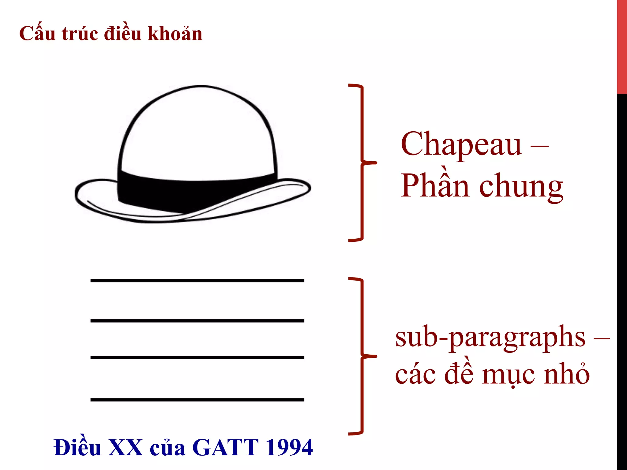 Điều XX của GATT 1994
Chapeau –
Phần chung
sub-paragraphs –
các đề mục nhỏ
Cấu trúc điều khoản
 