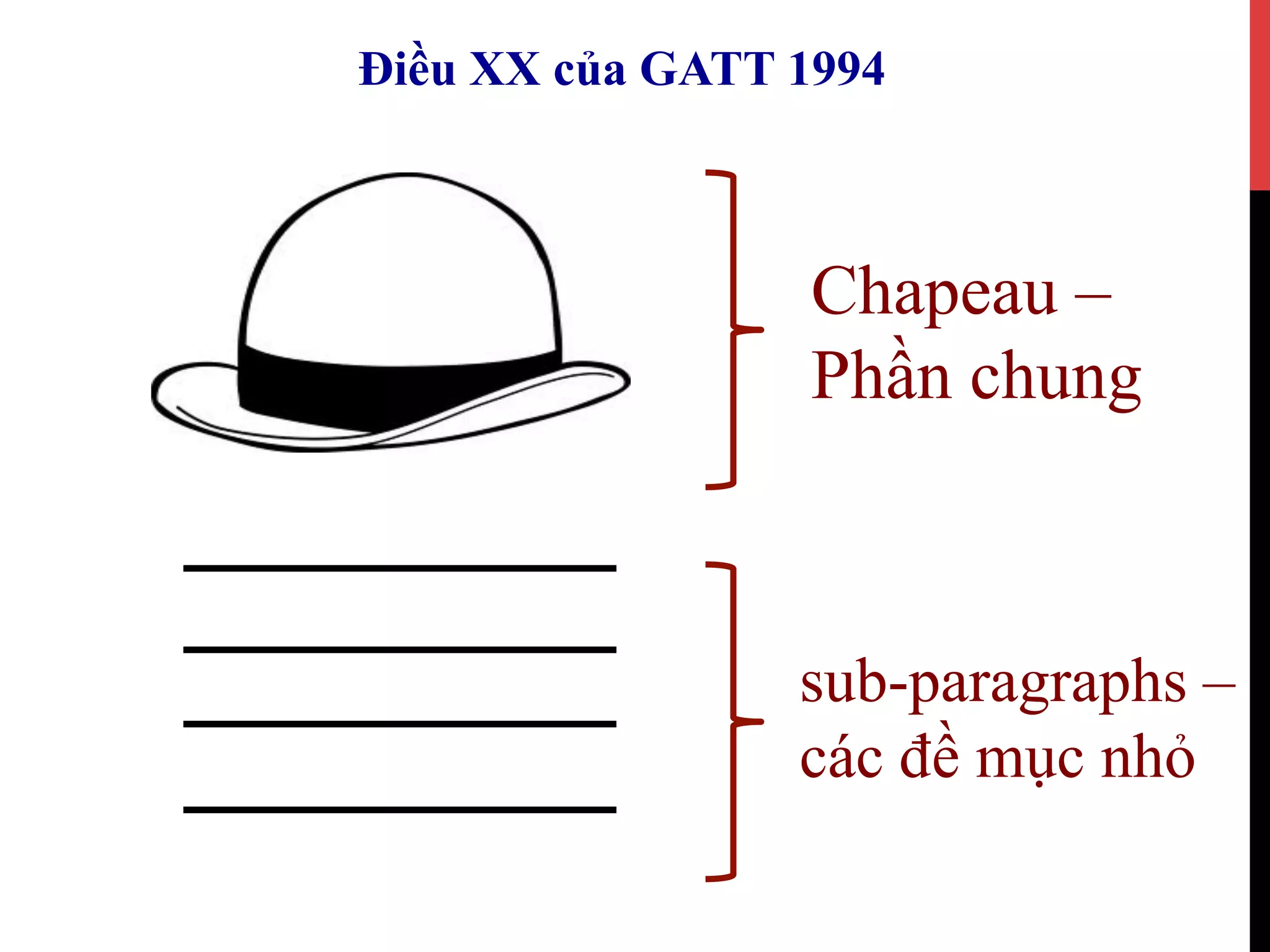 Điều XX của GATT 1994
Chapeau –
Phần chung
sub-paragraphs –
các đề mục nhỏ
 