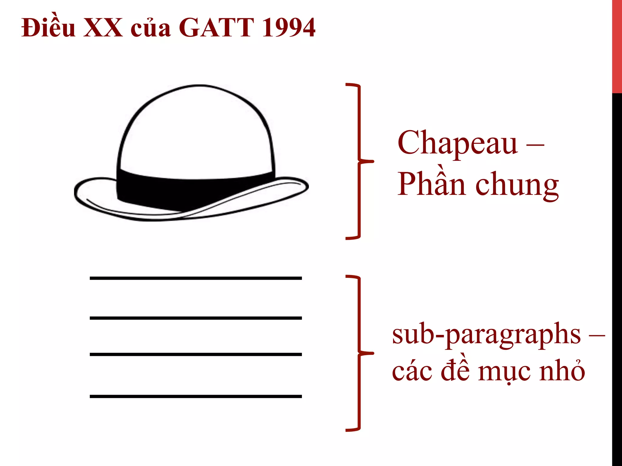 Điều XX của GATT 1994
Chapeau –
Phần chung
sub-paragraphs –
các đề mục nhỏ
 