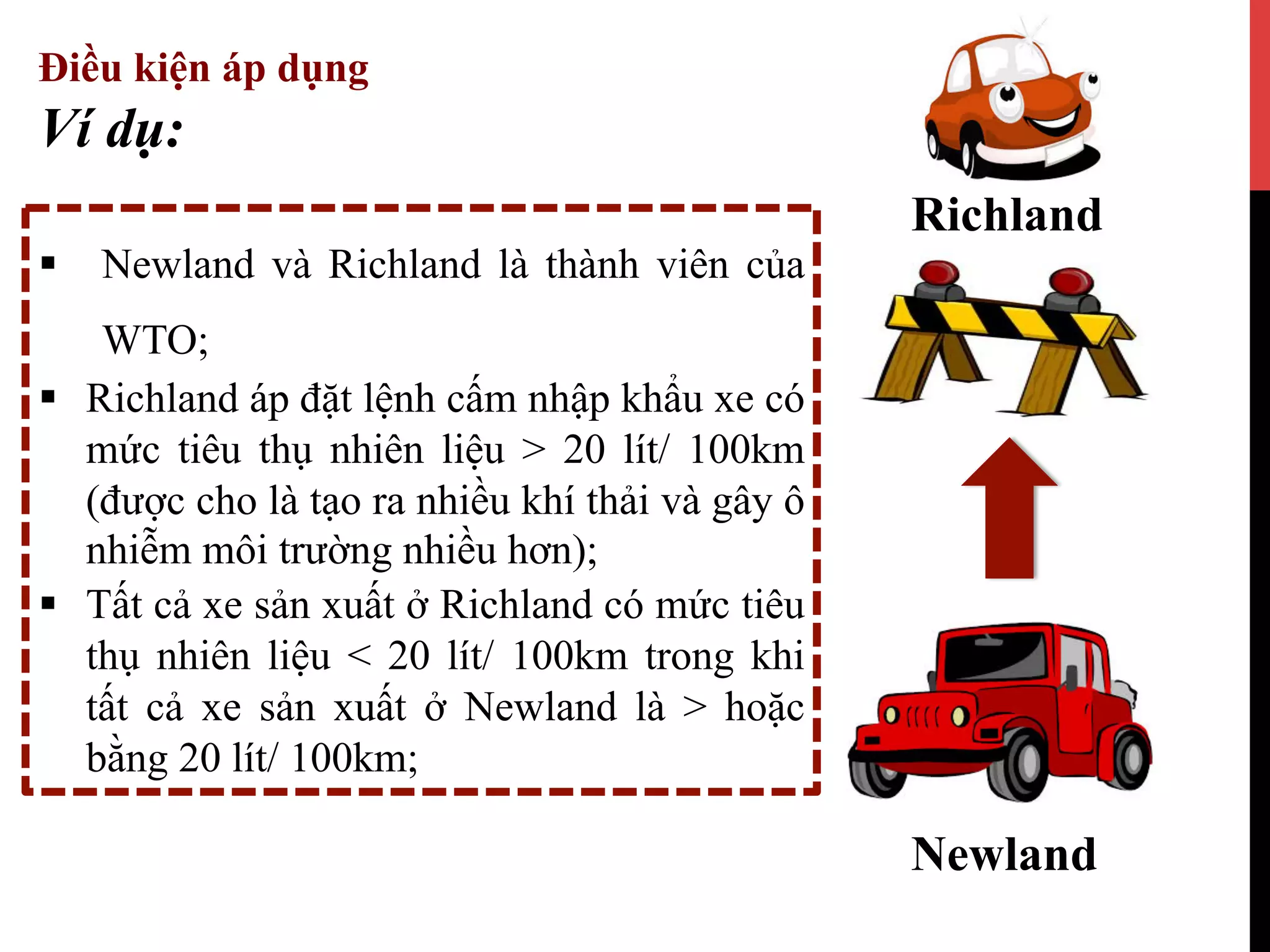 Điều kiện áp dụng
§  Newland và Richland là thành viên của
WTO;
§  Richland áp đặt lệnh cấm nhập khẩu xe có
mức tiêu thụ nhiên liệu > 20 lít/ 100km
(được cho là tạo ra nhiều khí thải và gây ô
nhiễm môi trường nhiều hơn);
§  Tất cả xe sản xuất ở Richland có mức tiêu
thụ nhiên liệu < 20 lít/ 100km trong khi
tất cả xe sản xuất ở Newland là > hoặc
bằng 20 lít/ 100km;
Ví dụ:
Newland
Richland
 