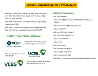 MÔ HÌNH KINH DOANH CỦA VIETCOMBANK
Ngân hàng TMCP Ngoại thương Việt Nam được thành lập
năm 1963 tiền thân là Cục Ngoại hối trực thuộc Ngân
hàng nhà nước Việt Nam.
Năm 2008 Vietcombank chíh thức trở thành ngân hàng
thương mại cổ phần.
Năm 2009 cổ phiếu Vietcombank (mã chứng khoán VCB)
được niêm yết tại Sở giao dịch Chứng khoán Tp.HCM
NGÀNH NGHỀ KINH DOANH
 Dịch vụ tài khoản
 Dịch vụ huy động vốn (tiền gửi tiết kiệm, trái phiếu, kz
phiếu)
 Dịch vụ cho vay (ngắn, trung, dài hạn)
 Dịch vụ bảo lãnh
 Dịch vụ chiết khấu chứng từ
 Dịch vụ thanh toán quốc tế
 Dịch vụ chuyển tiền
 Dịch vụ thẻ
 Dịch vụ nhờ thu
 Dịch vụ mua bán ngoại tệ
 Dịch vụ ngân hàng đại l{
 Dịch vụ bao thanh toán
 Các dịch vụ khác theo Giấy chứng nhận đăng k{ kinh doanh
Công ty liên doanh Quản l{ Quỹ
đầu tử Chứng khoán Vietcombank
Công ty Cho thuê Tài chính
NHTMCPNTVN
Công ty TNHH Chứng khoán NHTMCP
Ngoại thương Việt Nam VCBS
CÁC CÔNG TY THÀNH VIÊN CỦA VIETCOMBANK
 