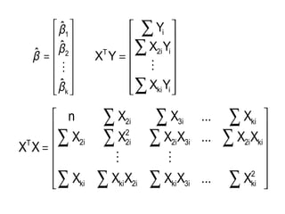 













=
∑∑∑∑
∑∑∑∑
∑∑∑
2
kii3kii2kiki
kii2i3i2
2
i2i2
kii3i2
T
X...XXXXX
XX...XXXX
X...XXn
XX















=
k
2
1
ˆ
ˆ
ˆ
ˆ
β
β
β
β















=
∑
∑
∑
iki
ii2
i
T
YX
YX
Y
YX

 