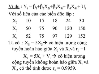Ta có : X3i = 5X2i có hiện tượng cộng
tuyến hoàn hảo giữa X2 và X3và r23 =1
X4i = 5X2i + Vi  có hiện tượng
cộng tuyến không hoàn hảo giữa X2 và
X3 , có thể tính được r24 = 0.9959.
X2 10 15 18 24 30
X3 50 75 90 120 150
X4 52 75 97 129 152
Ví dụ : Yi = β1+β2X2i+β3X3i+ β4X4i + Ui
Với số liệu của các biến độc lập :
 