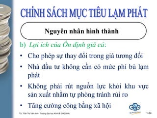 TS. Trần Thị Vân Anh– Trường Đại học Kinh tế ĐHQGHN. 1-24
Nguyên nhân hình thành
b) Lợi ích của Ổn định giá cả:
• Cho phép sự thay đổi trong giá tương đối
• Nhà đầu tư không cần có mức phí bù lạm
phát
• Không phải rút nguồn lực khỏi khu vực
sản xuất nhằm tự phòng tránh rủi ro
• Tăng cường công bằng xã hội
 