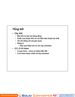 Tổng kết
• Cây AVL
• Đầu tiên là cây cân bằng động
• Chiều cao thuộc 44% so với điều kiện thuận lợi nhất
• Tái cân bằng với các góc quay
• O(log n)
• Hiệu quả thấp hơn so với cây red-black
• 2-3, 2-3-4 trees
• m-way trees – chưa có nhiều biến đổi
• 2-3-4 trees được chiếu về cây red-black
 