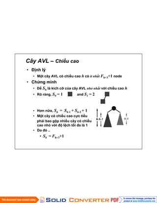 Cây AVL – Chiều cao
• Định lý
• Một cây AVL có chiều cao h có ít nhất Fh+3+1 node
• Chứng minh
• Để Sh là kích cỡ của cây AVL nhỏ nhất với chiều cao h
• Rõ ràng, S0 = 1 and S1 = 2
• Hơn nữa, Sh = Sh-1 + Sh-2 + 1
• Một cây có chiều cao cực tiểu
phải bao gộp nhiều cây có chiều
cao nhỏ với độ lệch tối đa là 1
• Do đó ..
• Sh = Fh+3+1
 