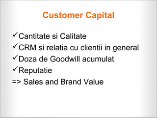 Customer Capital

Cantitate si Calitate
CRM si relatia cu clientii in general
Doza de Goodwill acumulat
Reputatie
=> Sales and Brand Value
 