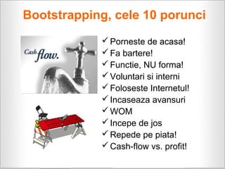 Bootstrapping, cele 10 porunci
             Porneste de acasa!
             Fa bartere!
             Functie, NU forma!
             Voluntari si interni
             Foloseste Internetul!
             Incaseaza avansuri
             WOM
             Incepe de jos
             Repede pe piata!
             Cash-flow vs. profit!
 
