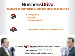 program de dezvoltare a competenţelor manageriale

                    antreprenori
                    manageri
                    “high-potentials”




                    urmatoarea sesiune: 4-8 februarie 2013




      un produs               in parteneriat cu Marius Ghenea
                  promovat de
                  http://businessdrive.diagma.ro
 