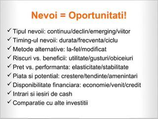 Nevoi = Oportunitati!
 Tipul nevoii: continuu/declin/emerging/viitor
 Timing-ul nevoii: durata/frecventa/ciclu
 Metode alternative: la-fel/modificat
 Riscuri vs. beneficii: utilitate/gusturi/obiceiuri
 Pret vs. performanta: elasticitate/stabilitate
 Piata si potential: crestere/tendinte/amenintari
 Disponibilitate financiara: economie/venit/credit
 Intrari si iesiri de cash
 Comparatie cu alte investitii
 