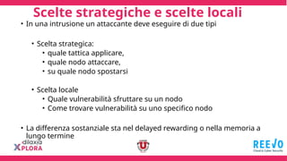 Scelte strategiche e scelte locali
• In una intrusione un attaccante deve eseguire di due tipi
• Scelta strategica:
• quale tattica applicare,
• quale nodo attaccare,
• su quale nodo spostarsi
• Scelta locale
• Quale vulnerabilità sfruttare su un nodo
• Come trovare vulnerabilità su uno specifico nodo
• La differenza sostanziale sta nel delayed rewarding o nella memoria a
lungo termine
 