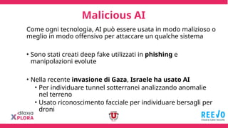 Come ogni tecnologia, AI può essere usata in modo malizioso o
meglio in modo offensivo per attaccare un qualche sistema
• Sono stati creati deep fake utilizzati in phishing e
manipolazioni evolute
• Nella recente invasione di Gaza, Israele ha usato AI
• Per individuare tunnel sotterranei analizzando anomalie
nel terreno
• Usato riconoscimento facciale per individuare bersagli per
droni
Malicious AI
 