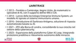 • 📌 2013 – Fondata a Cambridge, Regno Unito, da matematici e
specialisti di AI, con il supporto dell'ex MI5 e CIA.
• 📌 2014 – Lancio della tecnologia Enterprise Immune System, un
modello AI ispirato al sistema immunitario umano.
• 📌 2016 – Introduzione di Darktrace Antigena, soluzione di risposta
automatizzata basata su AI.
• 📌 2021 – IPO alla Borsa di Londra, consolidando la sua crescita nel
settore della cybersecurity.
• 📌 2023 – Espansione della piattaforma Cyber AI Loop, integrando
protezione predittiva e rilevamento autonomo delle minacce.
 