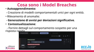 Cosa sono i Model Breaches
• Autoapprendimento:
- Creazione di modelli comportamentali unici per ogni entità.
• Rilevamento di anomalie:
- Generazione di avvisi per deviazioni significative.
• Contestualizzazione:
- Fornire dettagli sul comportamento sospetto per una
risposta rapida.
 