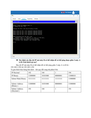  Xác định các địa chỉ IP mà máy B có thể nhận để có thể ping được giữa 2 máy A
và B. Giải thích tại sao?
Địa chỉ IP mà máy B có thể nhận để có thể ping giữa 2 máy A và B là :
192.168.1.194 tới 192.168.1.254
Ta giải thích theo bảng bên dưới – khi quy đổi sang nhị phân 8 bit
IP Decimal 192 168 1 194
IP Binary 11000000 10101000 00000001 11000010
Subnet Mask Binary 11111111 11111111 11111111 11000000
Subnet Address
(Binary )
11000000 10101000 00000001 11000000
Subnet Address
(Decimal )
192 168 1 192
 