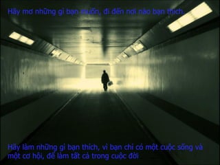 Hãy mơ những gì bạn muốn,   đi đến nơi nào bạn thích. Hãy làm những gì bạn thích,   vì bạn chỉ có một cuộc sống   và một cơ hội,   để làm tất cả trong cuộc đời 