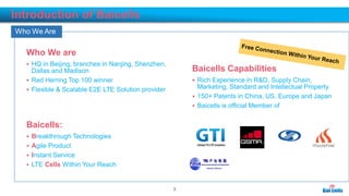 3
Introduction of Baicells
Who We Are
Who We are
 HQ in Beijing, branches in Nanjing, Shenzhen,
Dallas and Madison
 Red Herring Top 100 winner
 Flexible & Scalable E2E LTE Solution provider
Baicells Capabilities
 Rich Experience in R&D, Supply Chain,
Marketing, Standard and Intellectual Property.
 150+ Patents in China, US, Europe and Japan
 Baicells is official Member of
Baicells:
 Breakthrough Technologies
 Agile Product
 Instant Service
 LTE Cells Within Your Reach
 