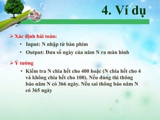 4. Ví dụ
Xác định bài toán:
Ý tưởng
• Input: N nhập từ bàn phím
• Output: Đưa số ngày của năm N ra màn hình
• Kiểm tra N chia hết cho 400 hoặc (N chia hết cho 4
và không chia hết cho 100). Nếu đúng thì thông
báo năm N có 366 ngày. Nếu sai thông báo năm N
có 365 ngày
 