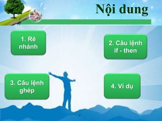 1. Rẽ
nhánh
2. Câu lệnh
if - then
3. Câu lệnh
ghép
4. Ví dụ
2
Nội dung
 