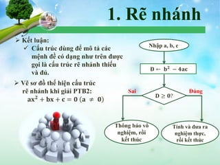 1. Rẽ nhánh
 Kết luận:
 Cấu trúc dùng để mô tả các
mệnh đề có dạng như trên được
gọi là cấu trúc rẽ nhánh thiếu
và đủ.
Nhập a, b, c
𝐃 ← 𝐛 𝟐
− 𝟒𝐚𝐜
𝐃 ≥ 𝟎?
Sai Đúng
Thông báo vô
nghiệm, rồi
kết thúc
Tính và đưa ra
nghiệm thực,
rồi kết thúc
 Vẽ sơ đồ thể hiện cấu trúc
rẽ nhánh khi giải PTB2:
𝐚𝐱 𝟐
+ 𝐛𝐱 + 𝐜 = 𝟎 𝐚 ≠ 𝟎
 