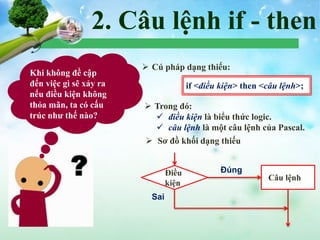 2. Câu lệnh if - then
 Cú pháp dạng thiếu:
 Trong đó:
 điều kiện là biểu thức logic.
 câu lệnh là một câu lệnh của Pascal.
if <điều kiện> then <câu lệnh>;
 Sơ đồ khối dạng thiếu
Điều
kiện
Câu lệnh
Đúng
Sai
Khi không đề cập
đến việc gì sẽ xảy ra
nếu điều kiện không
thỏa mãn, ta có cấu
trúc như thế nào?
 