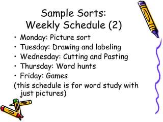Sample Sorts: Weekly Schedule (2) Monday: Picture sort Tuesday: Drawing and labeling Wednesday: Cutting and Pasting Thursday: Word hunts Friday: Games (this schedule is for word study with just pictures) 